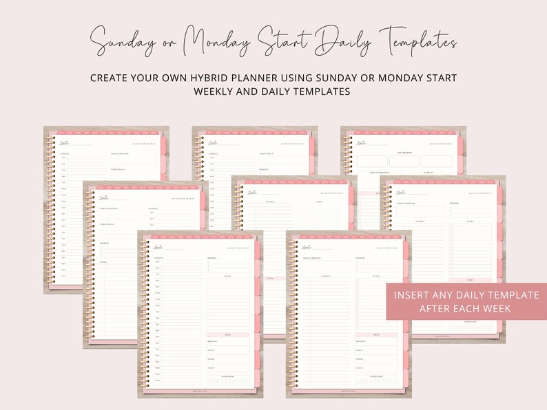 Puede incluir: Un conjunto de plantillas de planificador imprimibles con acentos rosa y blanco. Las plantillas est&aacute;n dise&ntilde;adas para su uso con un sistema de planificador h&iacute;brido, que permite a los usuarios crear sus propios horarios semanales y diarios. El texto en la imagen dice "Sunday or Monday Start Daily Templates" y "Create your own hybrid planner using Sunday or Monday start weekly and daily templates".