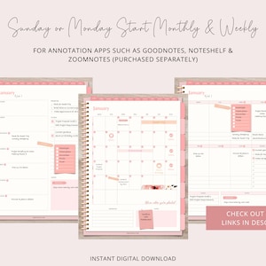 Puede incluir: Una plantilla de agenda digital para enero con un esquema de color rosa y blanco. La agenda incluye una vista de calendario mensual y una vista semanal. El texto "Sunday or Monday Start Monthly & Weekly" est&aacute; en la parte superior de la imagen. El texto "FOR ANNOTATION APPS SUCH AS GOODNOTES, NOTESHELF & ZOOMNOTES (PURCHASED SEPARATELY)" est&aacute; debajo del t&iacute;tulo. El texto "INSTANT DIGITAL DOWNLOAD" est&aacute; en la parte inferior de la imagen. El texto "CHECK OUT VIDEOS LINKS IN DESCRIPTION" est&aacute; en la parte inferior derecha de la imagen.