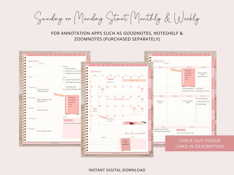 Puede incluir: Una plantilla de agenda digital para enero con un esquema de color rosa y blanco. La agenda incluye una vista de calendario mensual y una vista semanal. El texto "Sunday or Monday Start Monthly & Weekly" est&aacute; en la parte superior de la imagen. El texto "FOR ANNOTATION APPS SUCH AS GOODNOTES, NOTESHELF & ZOOMNOTES (PURCHASED SEPARATELY)" est&aacute; debajo del t&iacute;tulo. El texto "INSTANT DIGITAL DOWNLOAD" est&aacute; en la parte inferior de la imagen. El texto "CHECK OUT VIDEOS LINKS IN DESCRIPTION" est&aacute; en la parte inferior derecha de la imagen.