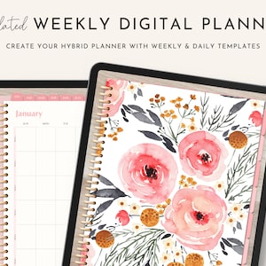 May include: A digital planner with a floral design on the cover. The planner is undated and includes weekly and daily templates. The cover features pink and white watercolor flowers with gold accents.
