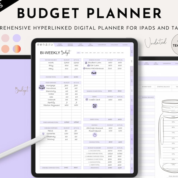 Digital Budget Planner, Digital Finance Planner, Paycheck Budget, Bi-weekly Budget, Monthly Budget, Digital Planner, iPad, Tablet, Lilac