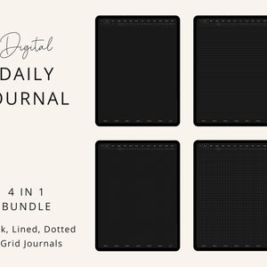May include: Four digital daily journal templates displayed on a tablet screen. The templates include blank, lined, dotted, and grid options.
