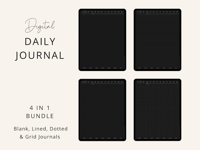 May include: Four digital daily journal templates displayed on a tablet screen. The templates include blank, lined, dotted, and grid options.