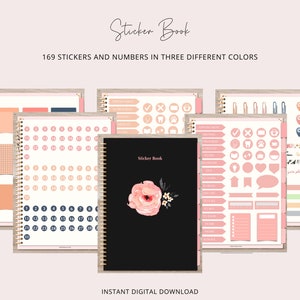 Puede incluir: Un libro de pegatinas digital con 169 pegatinas y n&uacute;meros en tres colores diferentes: rosa, melocot&oacute;n y azul. La portada presenta un dise&ntilde;o floral con una flor rosa y hojas verdes sobre un fondo negro. El texto "Sticker Book" est&aacute; impreso en blanco en la portada.