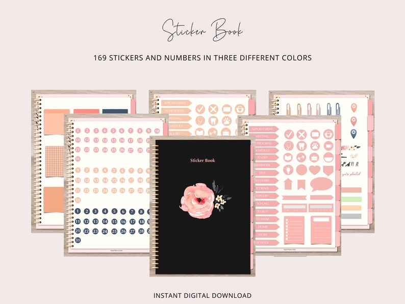 Puede incluir: Un libro de pegatinas digital con 169 pegatinas y n&uacute;meros en tres colores diferentes: rosa, melocot&oacute;n y azul. La portada presenta un dise&ntilde;o floral con una flor rosa y hojas verdes sobre un fondo negro. El texto "Sticker Book" est&aacute; impreso en blanco en la portada.
