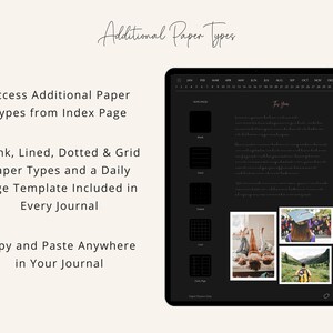 May include: A black laptop screen displaying a digital planner with different paper types, including blank, lined, dotted, and grid. The planner also includes a daily page template. The text "Additional Paper Types" is at the top of the screen.
