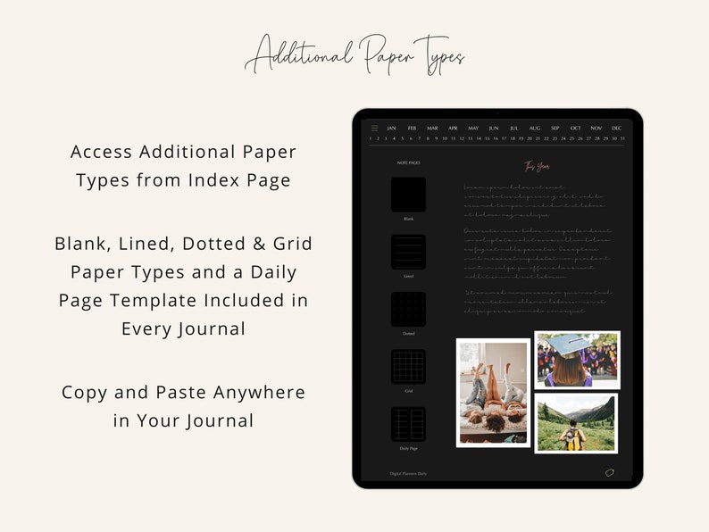 May include: A black laptop screen displaying a digital planner with different paper types, including blank, lined, dotted, and grid. The planner also includes a daily page template. The text "Additional Paper Types" is at the top of the screen.
