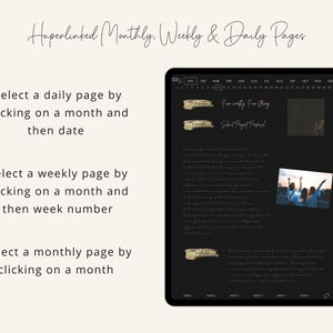 May include: A black digital planner with a monthly, weekly, and daily view. The planner has a dark background with white text and a grid pattern. The image shows a close-up of the planner's interface, with the month of January highlighted. The text "I am writing I am strong" and "Select Project Proposal" is visible on the screen.