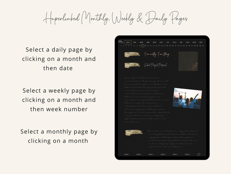 May include: A black digital planner with a monthly, weekly, and daily view. The planner has a dark background with white text and a grid pattern. The image shows a close-up of the planner's interface, with the month of January highlighted. The text "I am writing I am strong" and "Select Project Proposal" is visible on the screen.