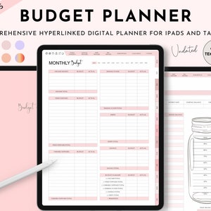 May include: A digital budget planner for iPads and tablets. The planner is pink and white with a monthly budget section, a savings tracker, and a jar for saving money. The planner is undated and comes in 6 colours.