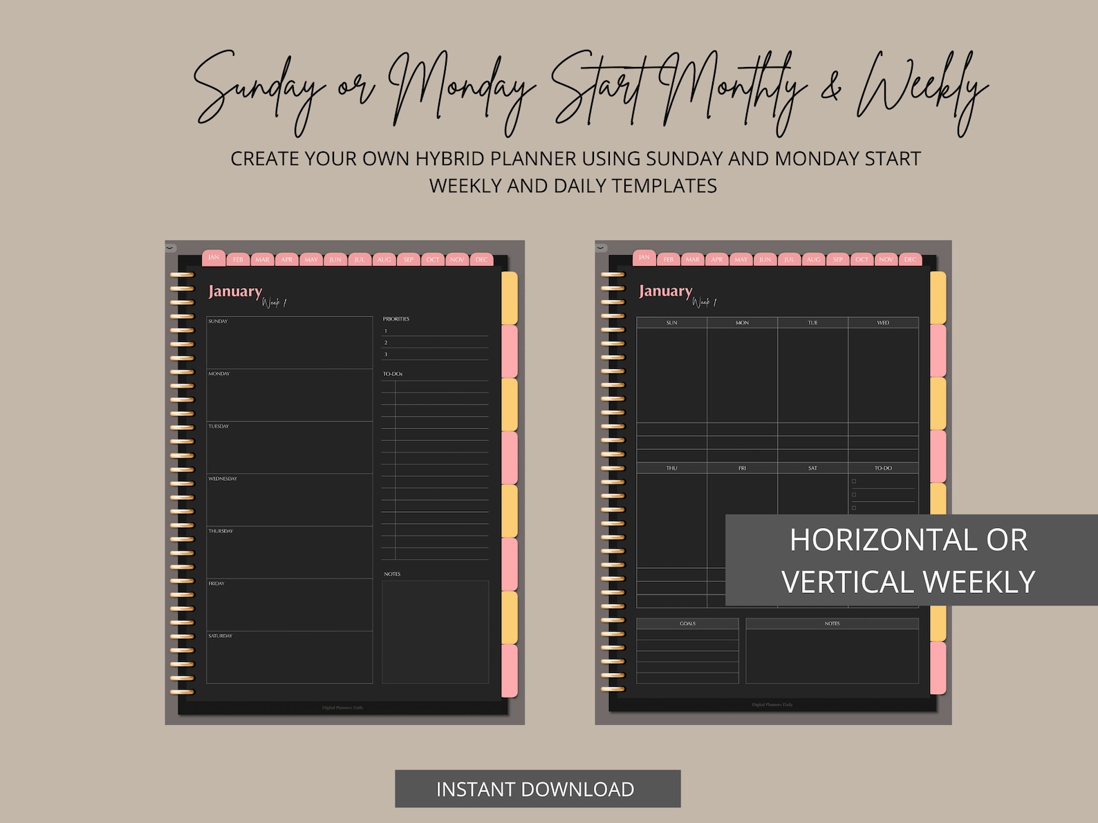 Undated Digital Planner Portrait Dark Mode Blackout Sunday and Monday ...