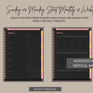 Undated Digital Planner Portrait Dark Mode Blackout Sunday and Monday ...