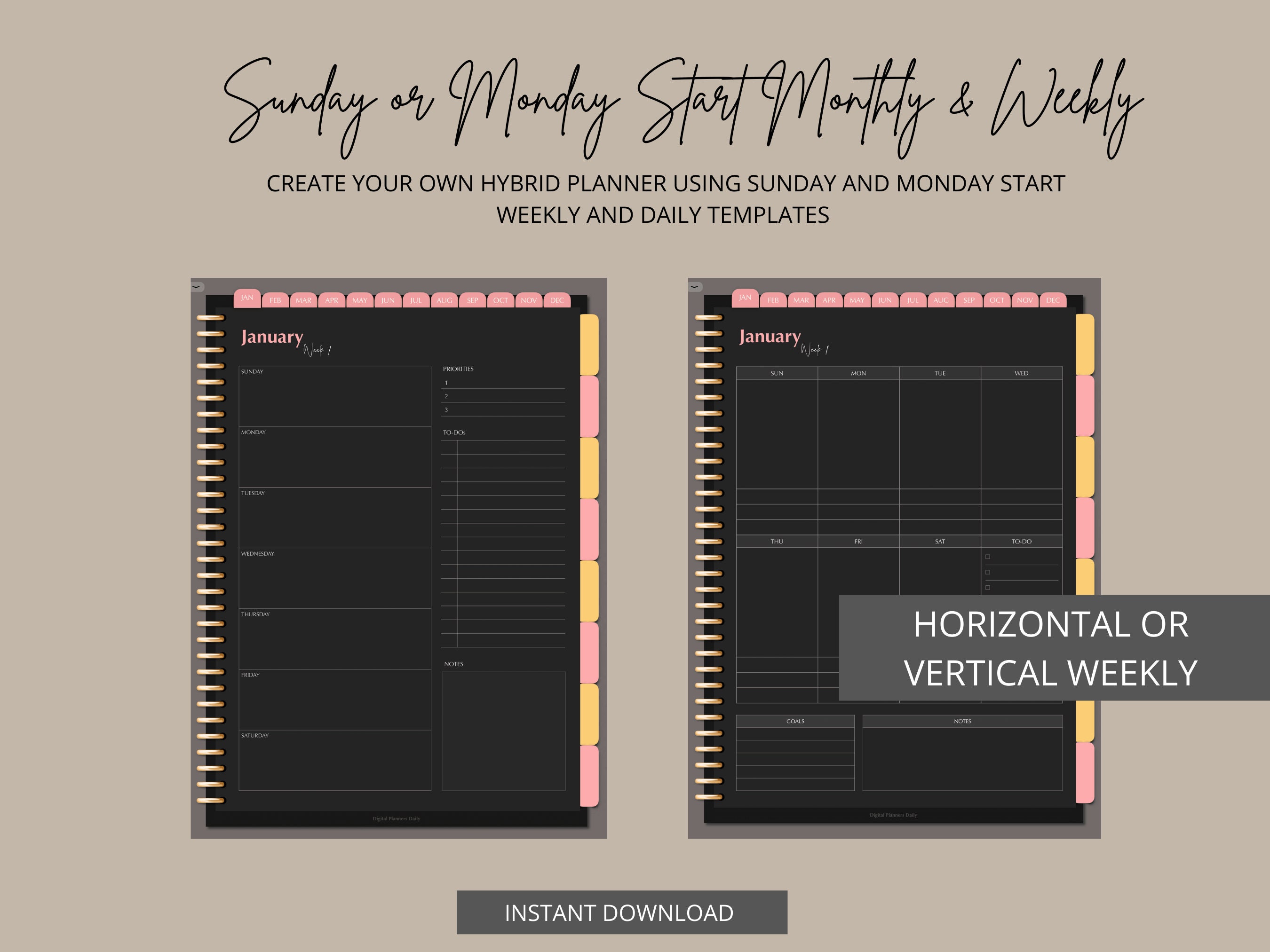 Undated Digital Planner Portrait Dark Mode Blackout Sunday and Monday ...