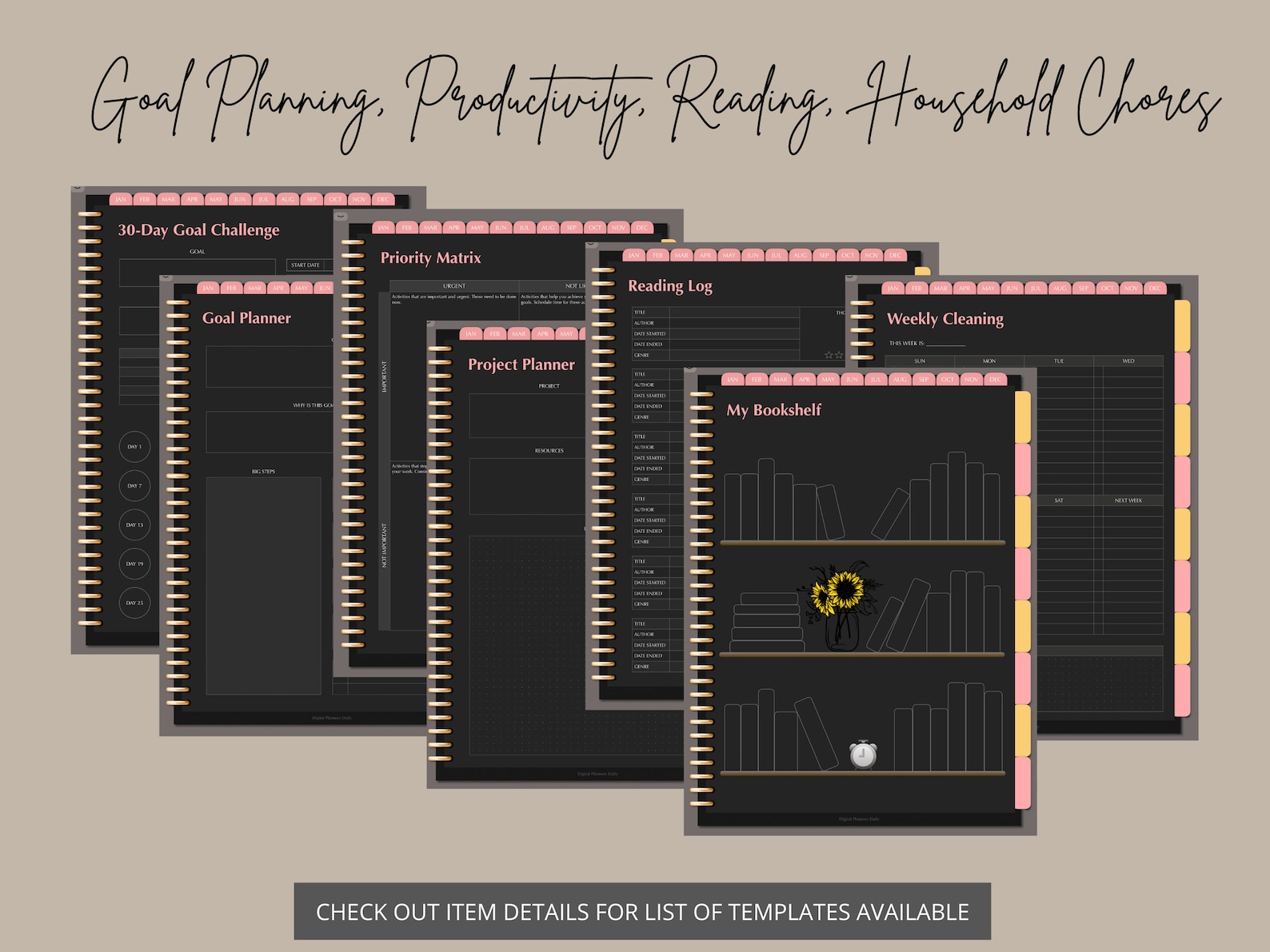 Undated Digital Planner Portrait Dark Mode Blackout Sunday and Monday ...