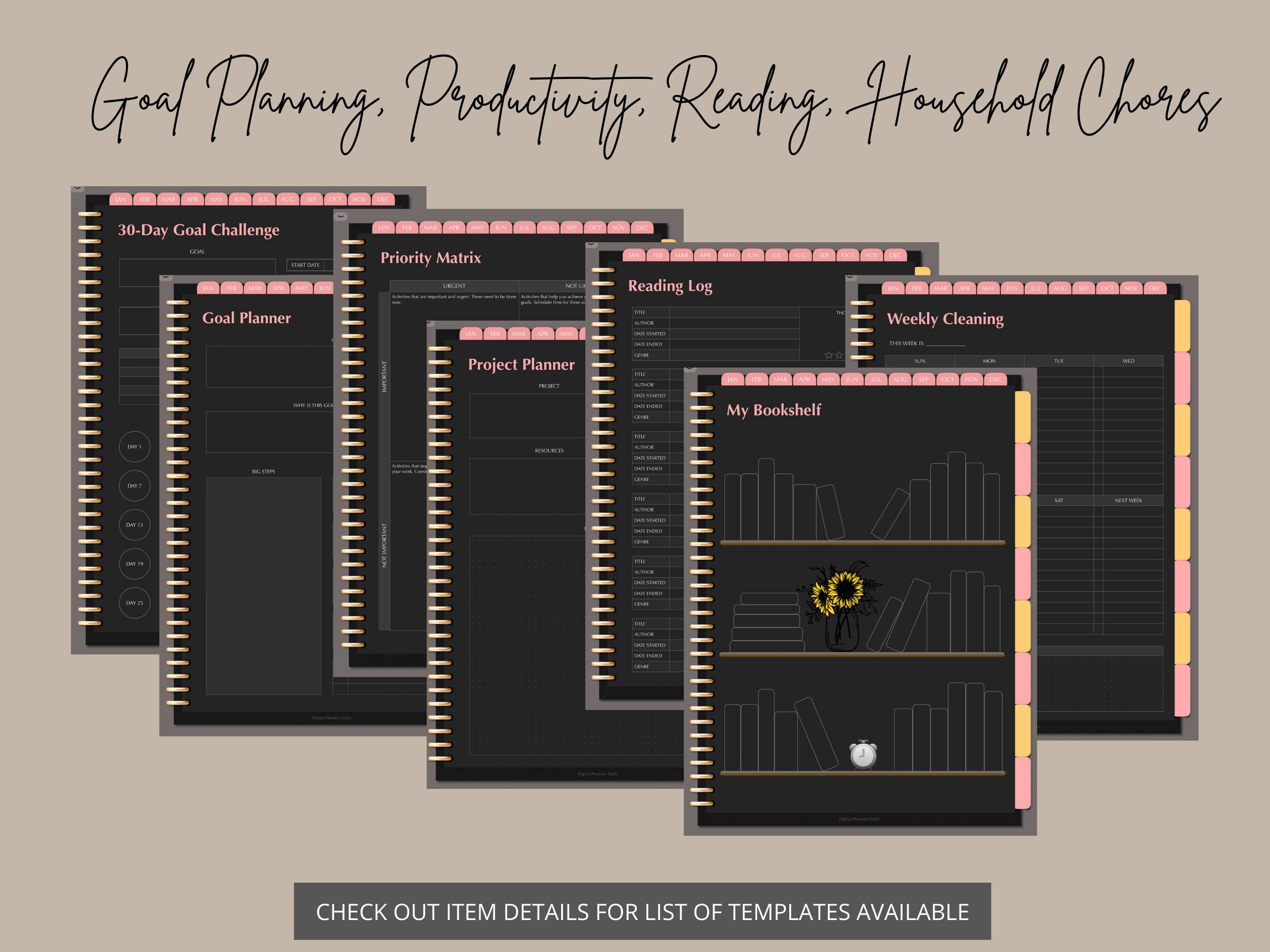 Undated Digital Planner Portrait Dark Mode Blackout Sunday and Monday ...