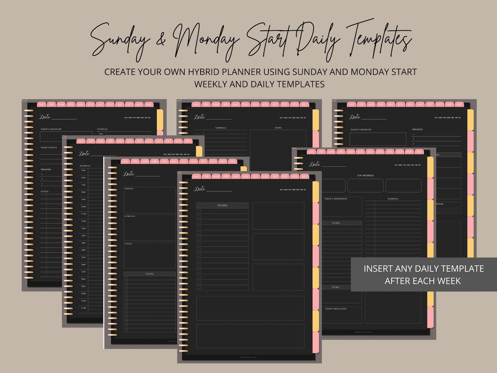 Undated Digital Planner Portrait Dark Mode Blackout Sunday and Monday ...