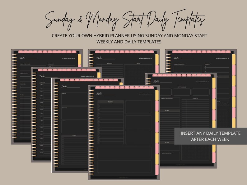 Undated Digital Planner Portrait Dark Mode Blackout Sunday and Monday ...