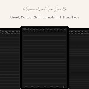 May include: Three black digital planners with white calendar grids and lines. The planners are labeled "Jan" and show the months of the year. The text "10 Journals in One Bundle" and "Lined, Dotted, Grid Journals In 3 Sizes Each" is displayed above the planners.