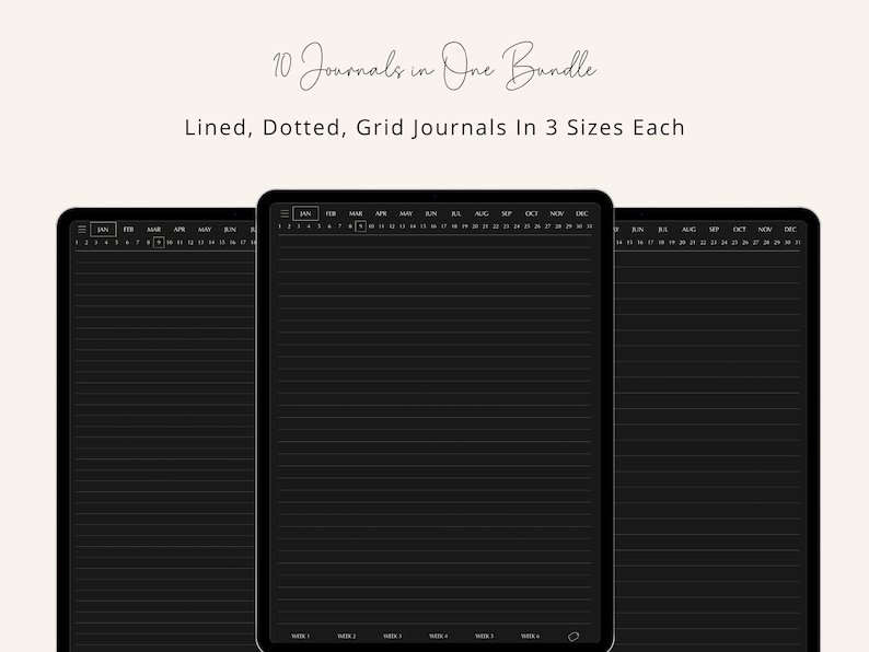 May include: Three black digital planners with white calendar grids and lines. The planners are labeled "Jan" and show the months of the year. The text "10 Journals in One Bundle" and "Lined, Dotted, Grid Journals In 3 Sizes Each" is displayed above the planners.