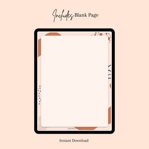 Może przedstawiać: Szablon cyfrowego planera z białym tłem i obramowaniem z abstrakcyjnych kształt&oacute;w w odcieniach brązu i błękitu. Tekst "Includes Blank Page" znajduje się w g&oacute;rnej części obrazu. Tekst "Instant Download" znajduje się w dolnej części obrazu.