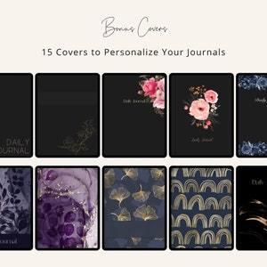 May include: 15 digital journal covers with various designs. The covers feature floral patterns, abstract designs, and geometric shapes in gold and blue hues. The text "Daily Journal" appears on several of the covers.