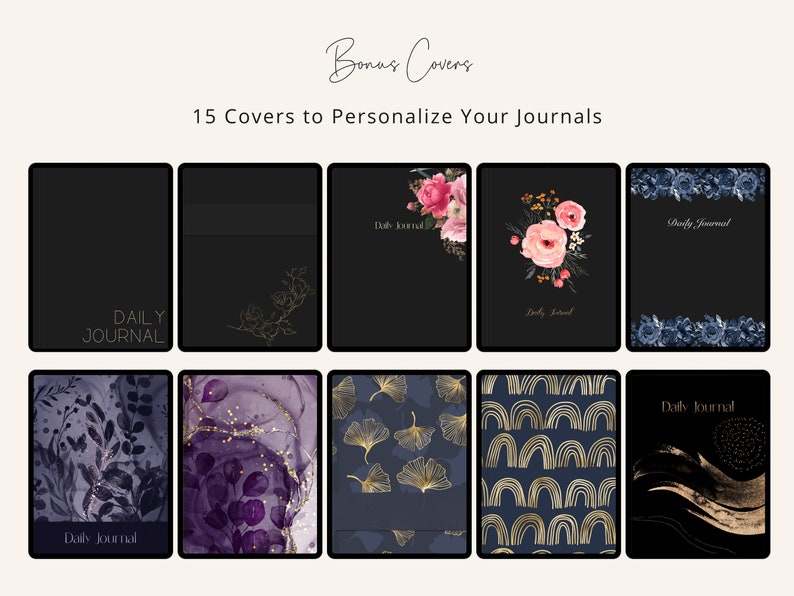 May include: 15 digital journal covers with various designs. The covers feature floral patterns, abstract designs, and geometric shapes in gold and blue hues. The text "Daily Journal" appears on several of the covers.