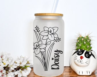 Personalized Birth Flower Tumbler Glass Can 16oz, birth Flower Coffee Cup with Name , Mother's Day Gift, Gift for her