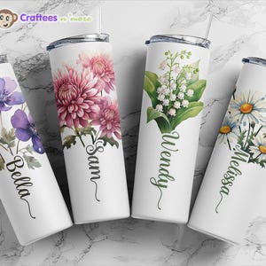 Vaso personalizado con nombre, taza de café con flores de nacimiento personalizadas, regalo para ella, regalo de cumpleaños, vaso de flores para dama de honor, regalo para el día de la madre