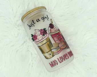 Just a girl who loves books Cup  / Just a girl who loves books and coffee tumbler gifts / 16oz Frosted Glass Can Libbey Tumbler