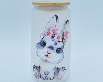 Bunny Glass Can Cup / Bunny Iced Coffee Glass / Personalized Bunny Libbey Glass Can Tumbler