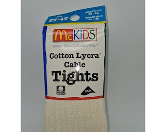 Meia-calça vintage McKids para meninas, em malha trançada, creme, algodão com elastano, tamanhos 2T a 4T, nova.