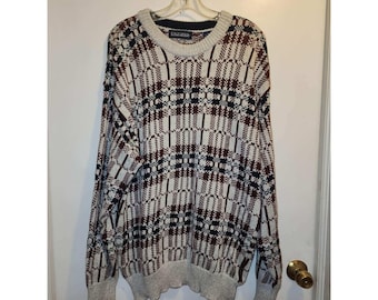 Editions by Van Heusen Mens L Sweater Cotton Geometric Knit Crewneck Burgundy