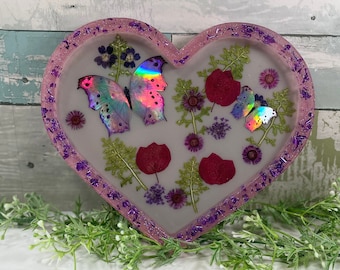 Crystal Resin Tray, Crystal Display Tray, Heart Resin Tray, Butterfly Trinket Tray, Crystal Holder, Jewelry Dish, Witchy Gift, Witchy Decor