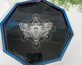Crystal Resin Tray, Crystal Display Tray, Corner Resin Tray, Death Moth Trinket Tray, Crystal Holder, Jewelry Dish, Witchy Gift, bathroom