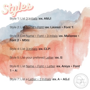 Pu&ograve; includere: Grafica con testo che dettaglia sette stili per articoli personalizzati. Il testo &egrave; nero, con esempi come "List 3 Initials" e "List Name + Font". Lo sfondo presenta lavaggi ad acquerello in tonalit&agrave; blu, pesca e rosa.