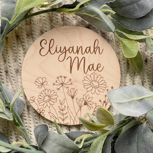 Engraved Wood Birth Announcement Sign: Floral Newborn Photo Prop
