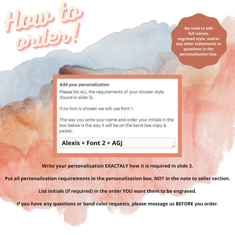 Pu&ograve; includere: Grafica con istruzioni su come ordinare articoli personalizzati. Il testo include indicazioni per l'aggiunta di dettagli di personalizzazione, come nomi e iniziali, nella casella designata. Lo sfondo presenta lavaggi ad acquerello nei toni del blu, arancione e rosa.