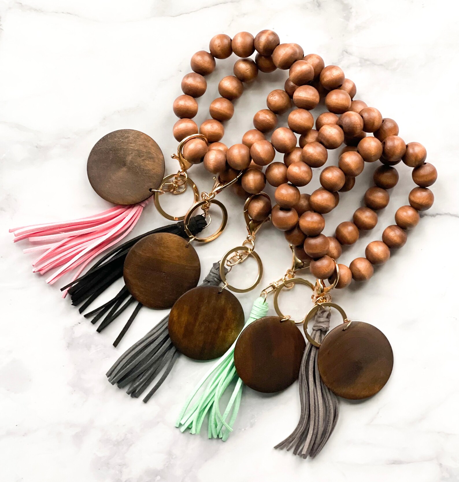 Wood Beaded Stretchy Keychain Bracelet With Wooden Round Etsy