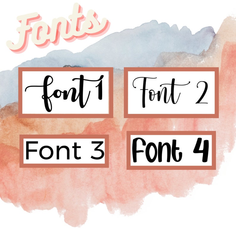 Pu&ograve; includere: Un'immagine che mostra quattro diversi stili di carattere etichettati come Font 1, Font 2, Font 3 e Font 4. La parola "Fonts" &egrave; scritta in corsivo in alto. I caratteri sono visualizzati in riquadri rettangolari con uno sfondo ad acquerello.