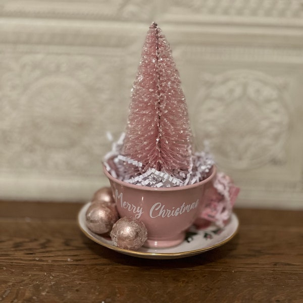 Decorated Vintage Christmas  Pink Coffee Cup and Saucer, Pink Sisal Tree,Repurposed  CottageCore, Shabby Chic, Gift For Her, Kitchen Decor.
