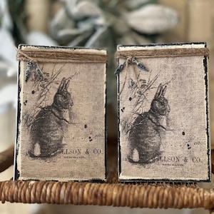 Easel Distressed Vintage French Rabbit Design on Muslin, French Cottage, Shabby Chic, Primitive Rustic, French, Gift, Tier Tray, Bunny