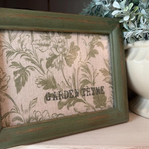 Distressed Frame with Vintage Inspired Floral Canvas Fabric Print, Garden Thyme Wall Art, Green Frame, Rustic Farmhouse, Shabby Chic Decor.