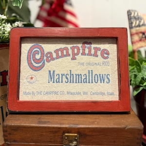 Vintage Campfire Marshmallow Label, Picture Distressed Red Frame, Farmhouse, Shabby Chic, Americana, Camping, Primitive Kitchen Decor Gift