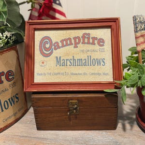 Vintage Campfire Marshmallow Label, Picture Distressed Red Frame, Farmhouse, Shabby Chic, Americana, Camping, Primitive Kitchen Decor Gift