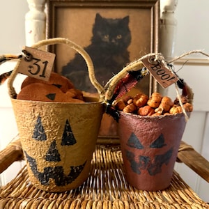Halloween Jack O&#39; Lantern Treat or Decor Buckets, Candy, Primitive Farmhouse, Party Table Decor, Favors, Set of 2 Spooky Pumpkin Large Small
