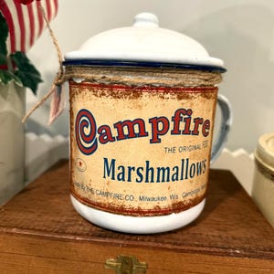 Campfire Marshmallow Camping Tin Cup, Vintage Inspired Label, Americana Farmhouse Kitchen, Decor, Display, Camping, S&#39;mores, Summer Time