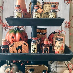 Pu&ograve; includere: Un vassoio a tre livelli nero decorato con oggetti a tema Halloween, tra cui piccole bottiglie di vetro con etichette che recitano "Frightful", "Witch's Brew" e "Candy Corn", insieme a zucche, un gatto nero e un cartello che dice "Trick or Treat".