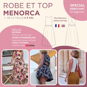 Peut inclure: Patron de couture pour la robe et le top Menorca, disponible de la taille S à XXL. Inclut un patron PDF au format A4 et A0, un livret d'assemblage en pouces et un tutoriel vidéo YouTube. Présente des croquis et des photos des vêtements finis.