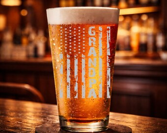 Family Titles Collection Patriotic Vintage USA Flag Design 16oz Beer Glass with Permanent Laser Engraving for Fathers Mothers Day Christmas