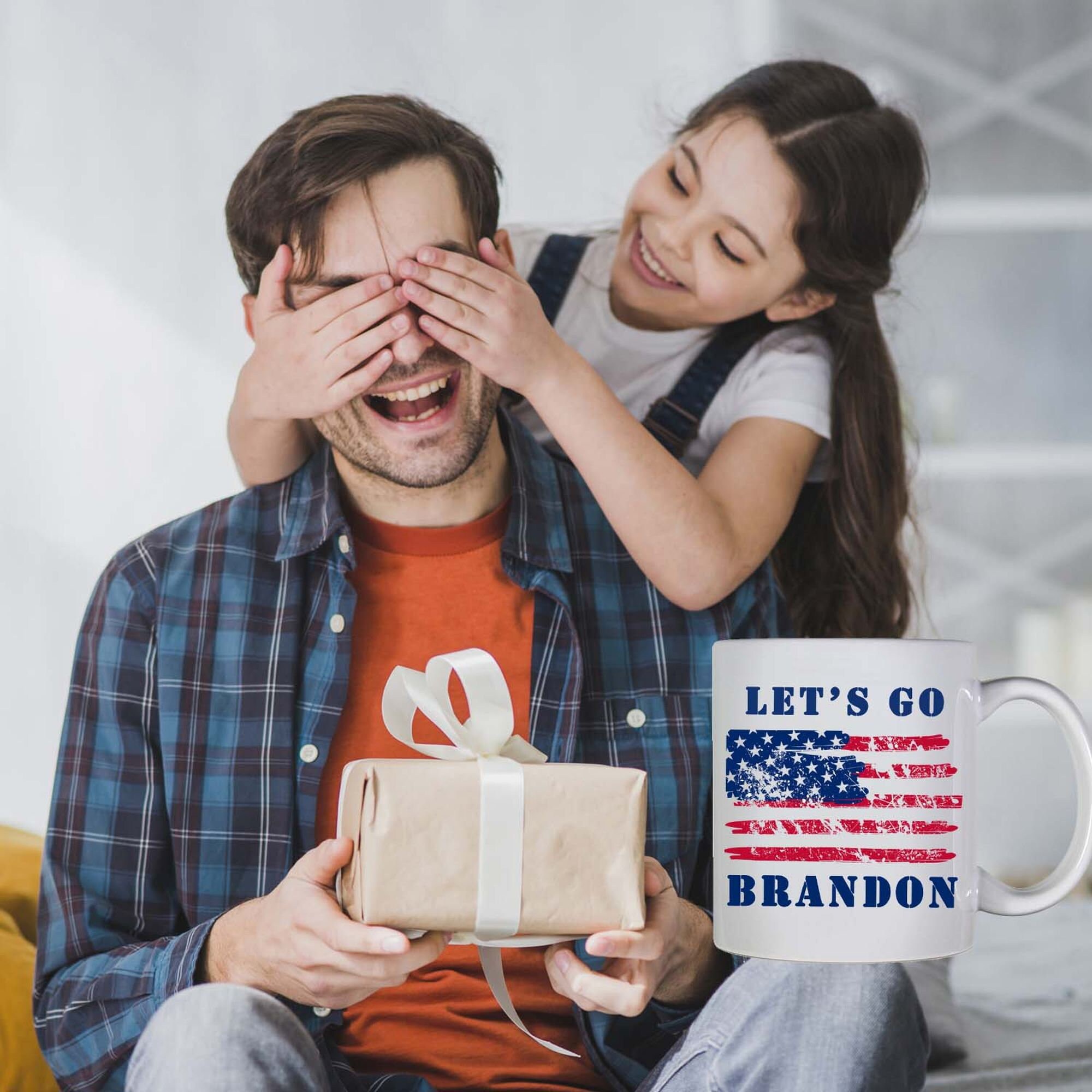 thumbnail interactive-video image 1 of "Let's Go Brandon" USA Flag Ceramic Coffee Mug – Funny Sarcastic Novelty Cup By King 1 of 6
